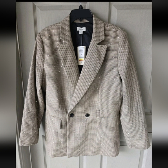 $99 On-34th New Sequin Plaid Blazer Jacket 14 Women Beige Twill Elegant Glitter - Picture 2 of 12